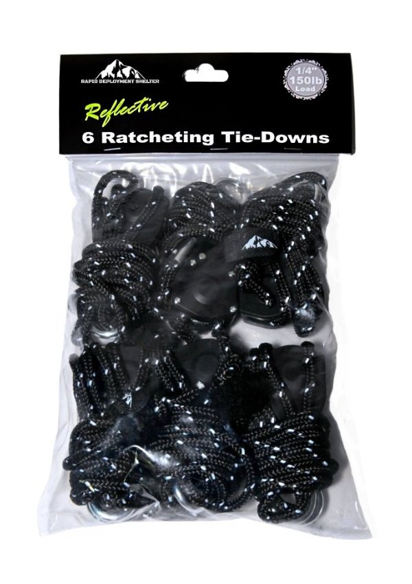 Reflective Tie-Down Ropes (6 pcs) - Rapid Deployment Shelter Inc.
High-visibility tie-down ropes, reflective tie-downs,
reflective ratcheting tie-down ropes