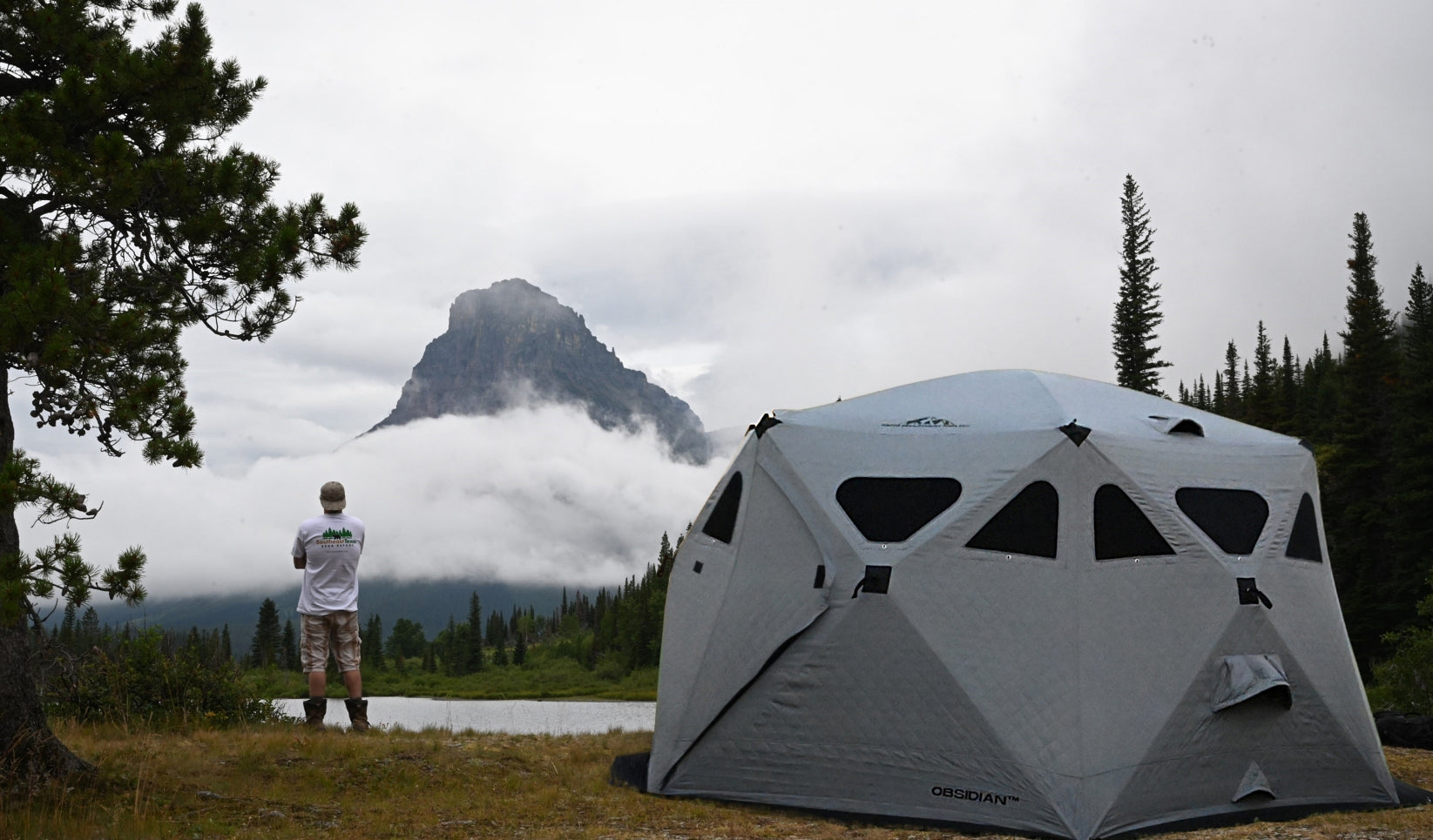 The RDS Gear Obsidian Pop-up camping tent in front of the Glacier Mountains in Montana 